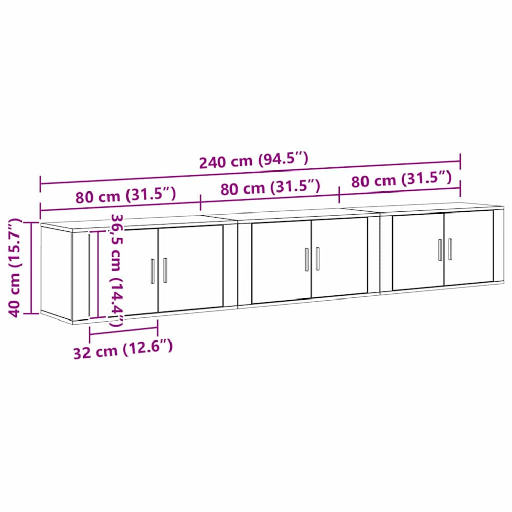 Produktbild för Väggmonterad TV-byrå Set 3 pcs Svart Ek 80 x 34,5 x 40 cm
