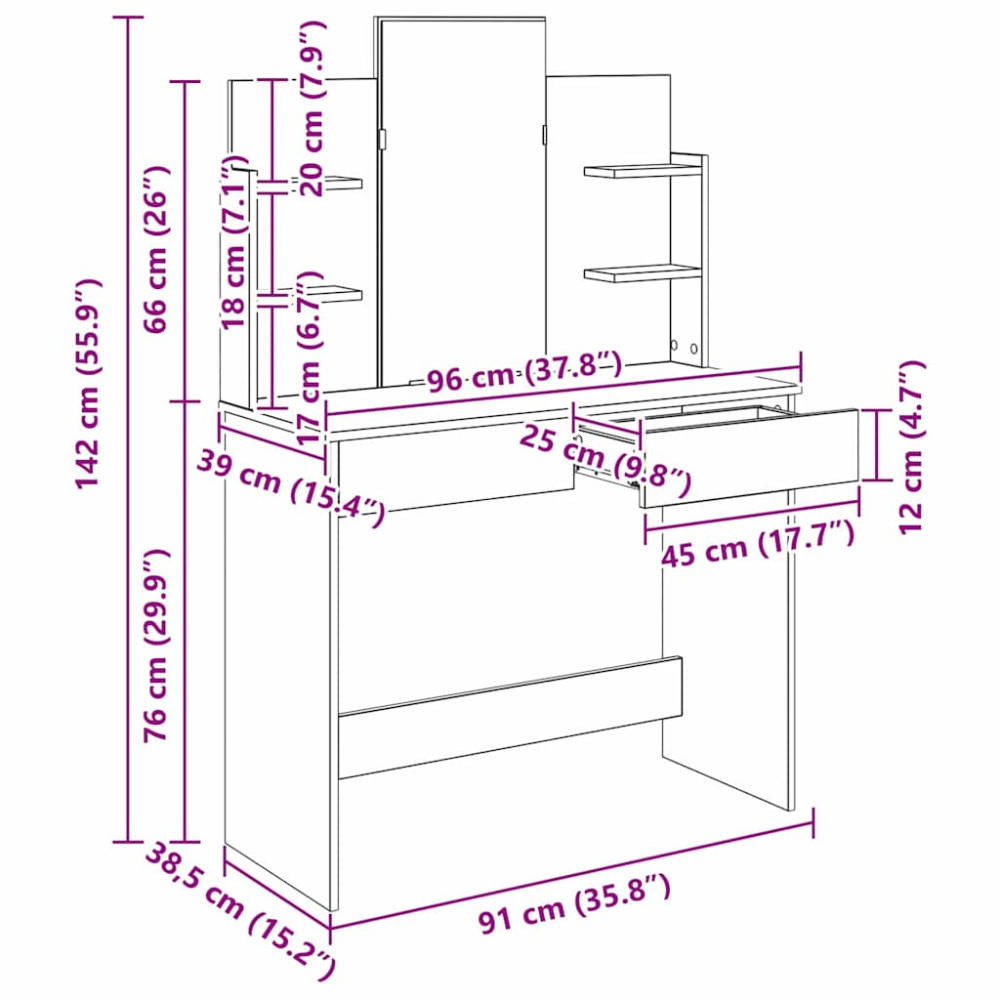 Produktbild för Klädbord med Spegel Svart Ek 96 x 39 x 142 cm Konstruerat trä