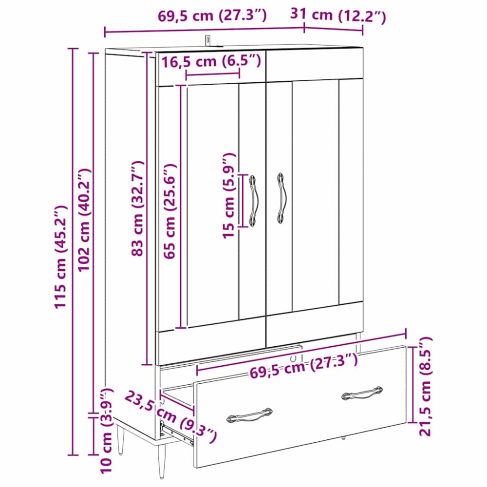 Produktbild för Skåp med låda Svart Ek 69,5 x 31 x 115 cm Konstruerat trä