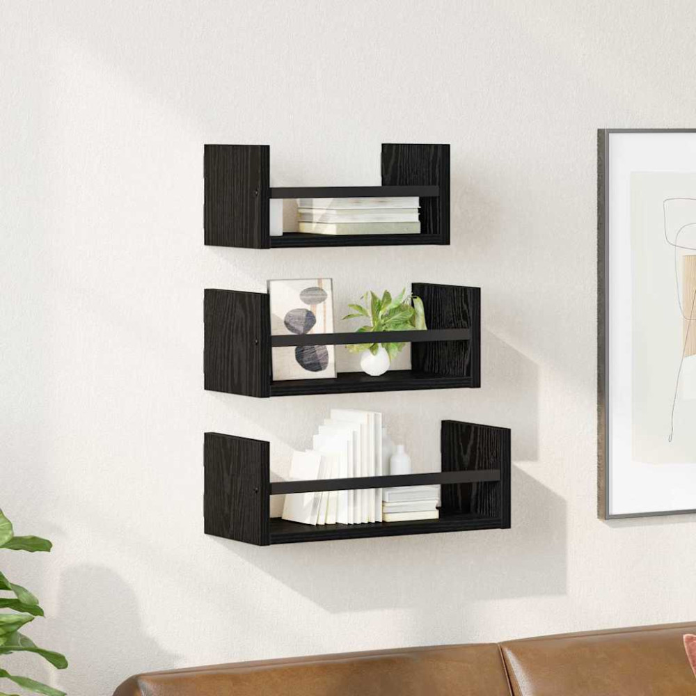 Produktbild för Vägghyllset med hylla 3 pcs Svart Ek 40x16x14cm Konstruerat trä