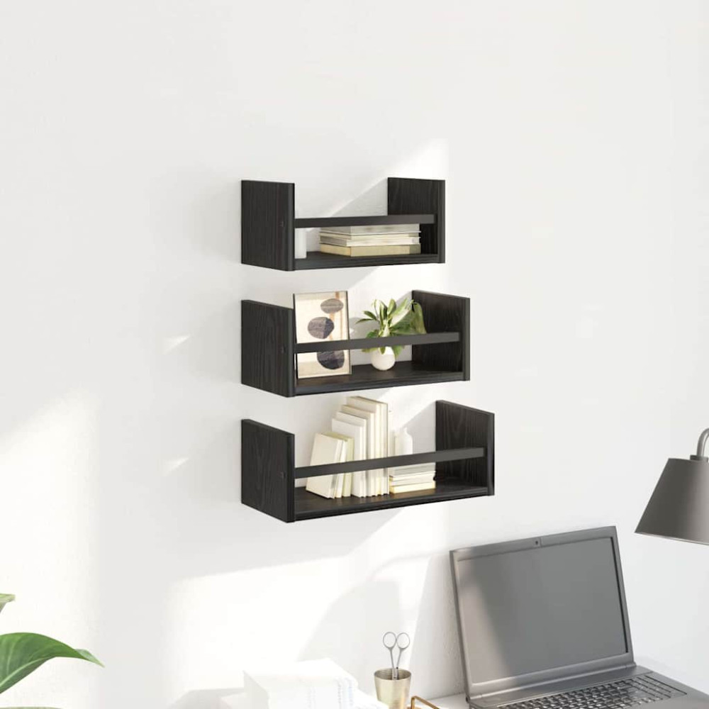 Produktbild för Vägghyllset med hylla 3 pcs Svart Ek 40x16x14cm Konstruerat trä