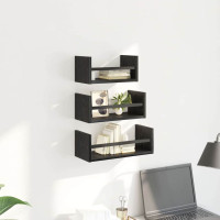 Produktbild för Vägghyllset med hylla 3 pcs Svart Ek 40x16x14cm Konstruerat trä