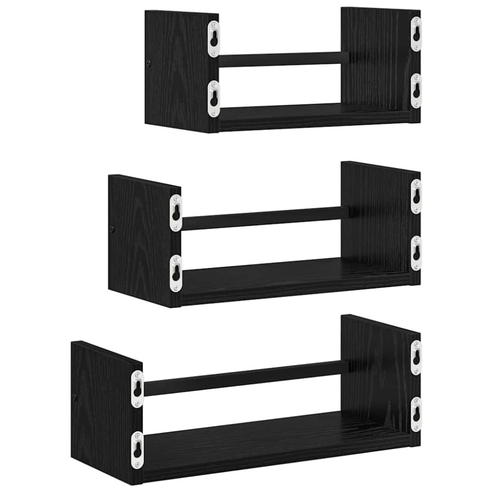 Produktbild för Vägghyllset med hylla 3 pcs Svart Ek 40x16x14cm Konstruerat trä