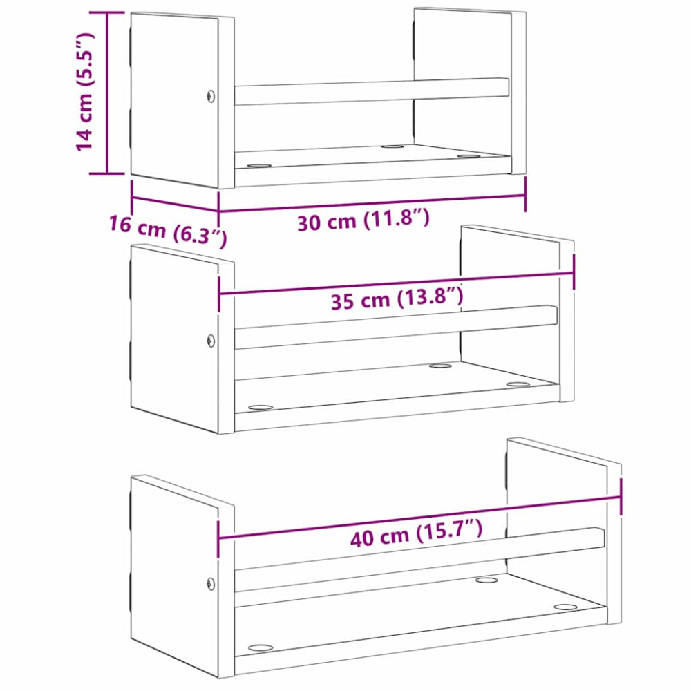 Produktbild för Vägghyllset med hylla 3 pcs Svart Ek 40x16x14cm Konstruerat trä