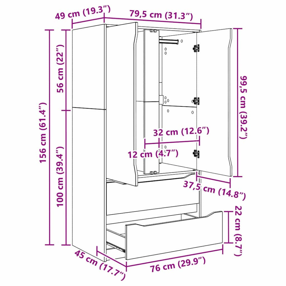 Produktbild för Garderob Högblank Vit 79,5 x 49 x 156 cm Konstruerat trä