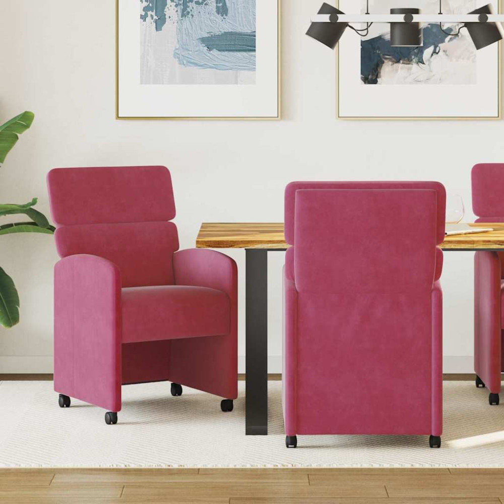 Produktbild för Matstolar med hjul med hjul 2 pcs Vinröd 58 x 65 x 98 cm Sammet