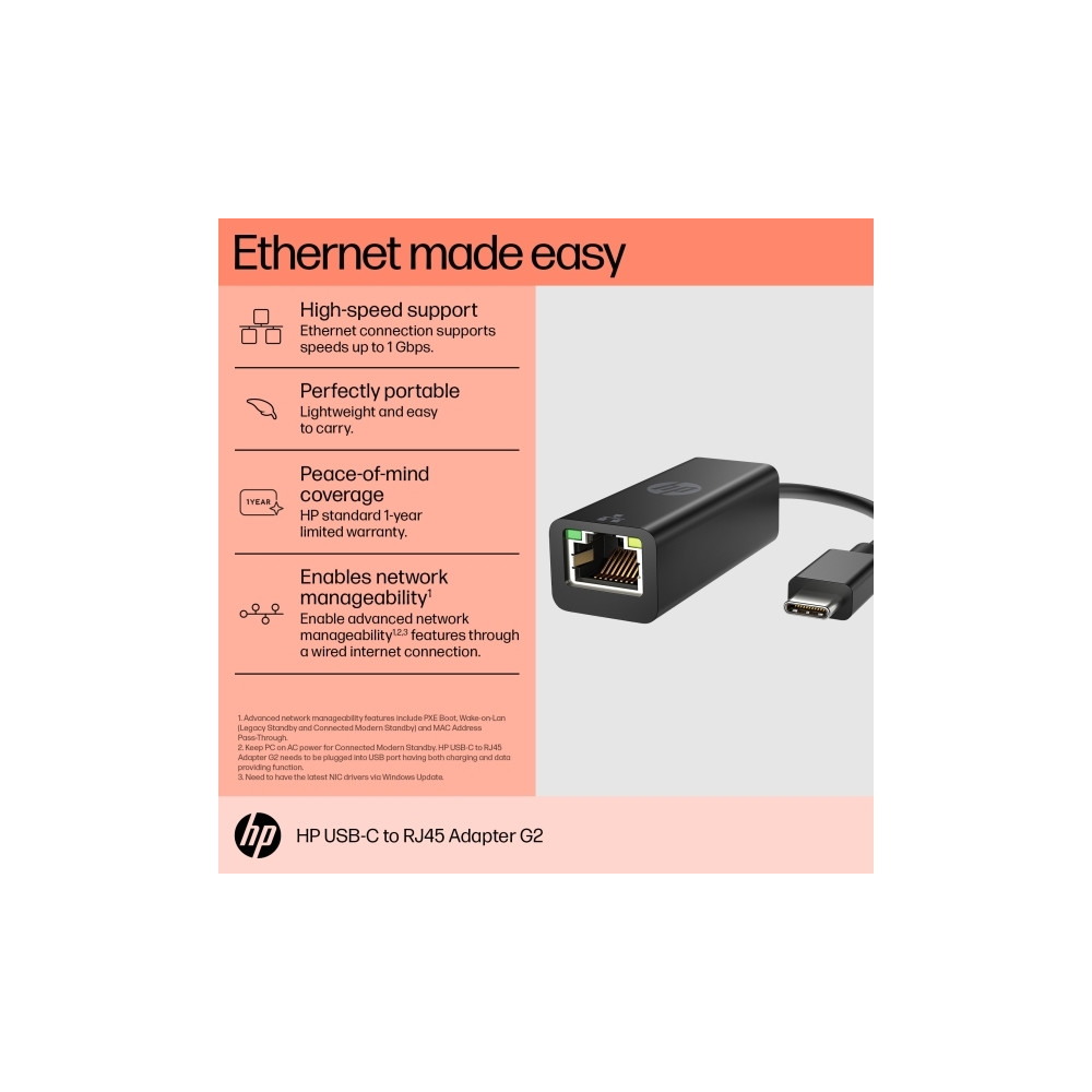 Produktbild för HP USB-C to RJ45 Adapter G2 - nätverksadapter - USB-C - Gigabit Ethernet x 1