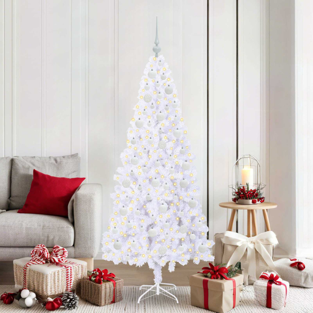 Produktbild för Konstgjord julgran med 300 LED-lampor Vit 180 cm PVC och stål