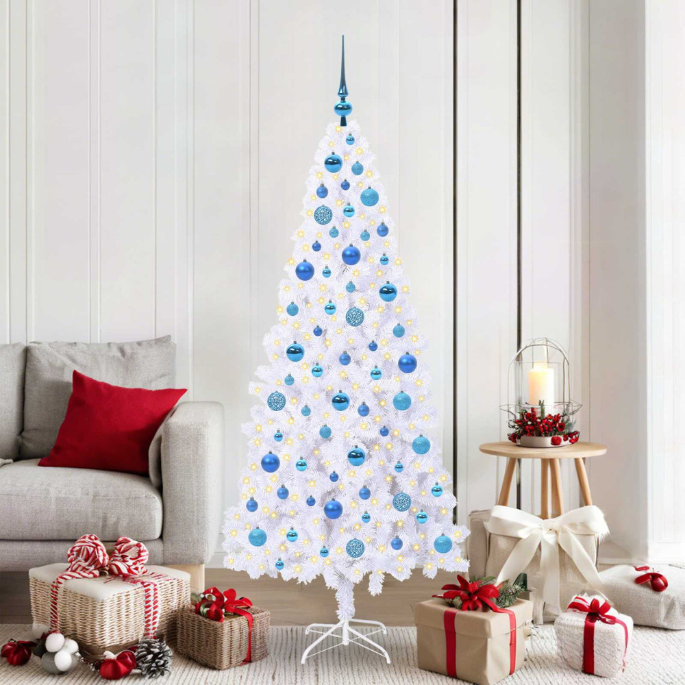 Produktbild för Konstgjord julgran med 300 LED-lampor Vit 180 cm PVC och stål