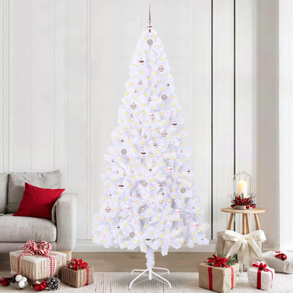 Produktbild för Konstgjord julgran med 300 LED-lampor Vit 240 cm PVC och stål