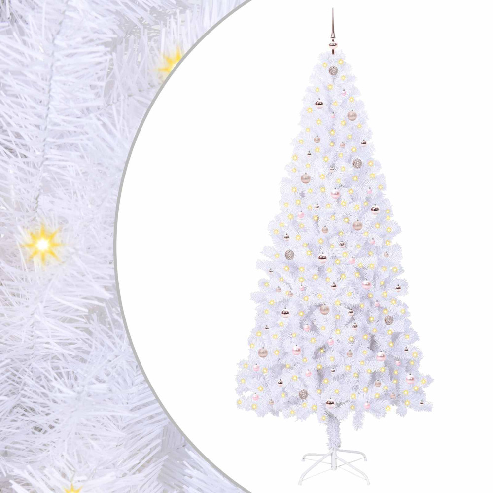 Produktbild för Konstgjord julgran med 300 LED-lampor Vit 240 cm PVC och stål