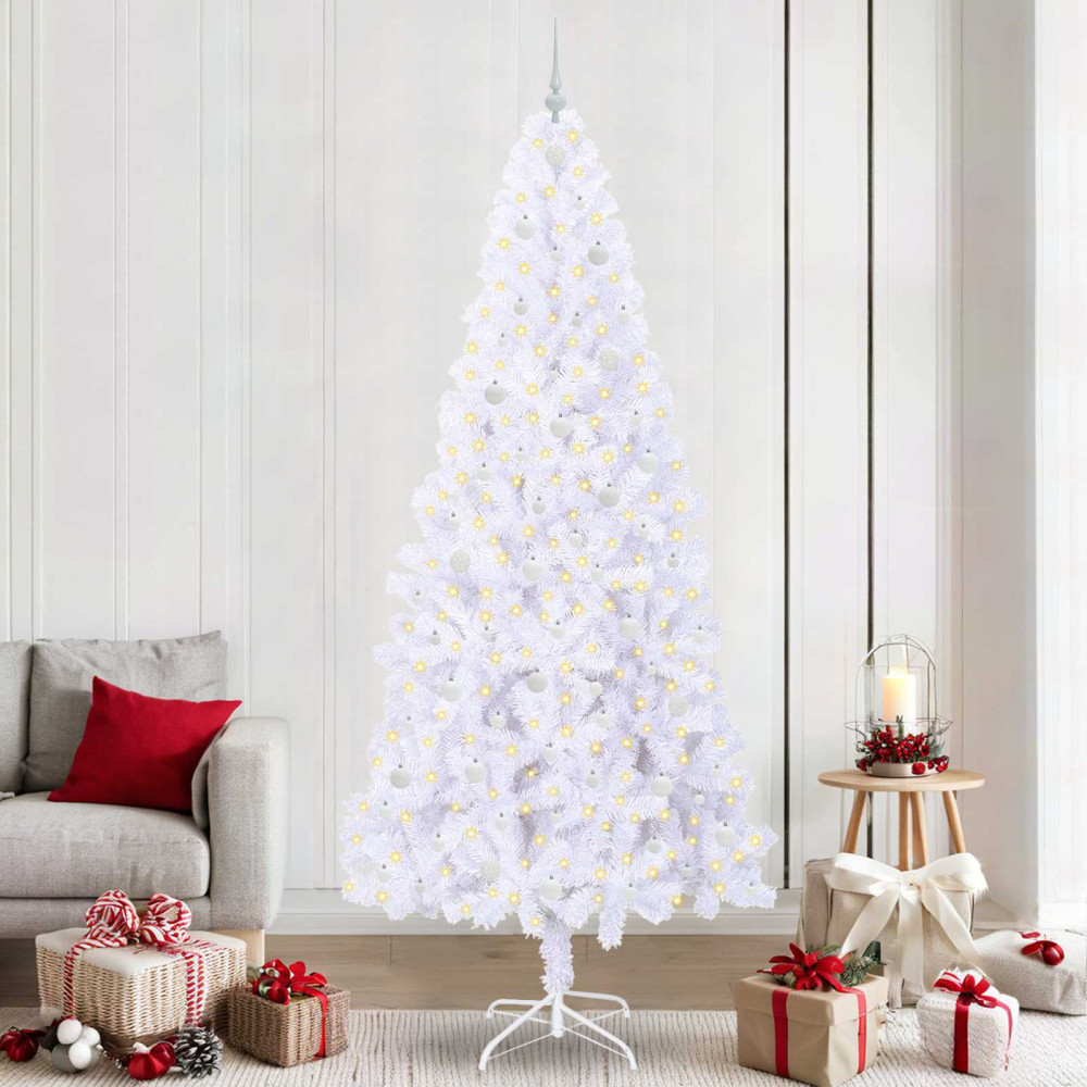 Produktbild för Konstgjord julgran med 300 LED-lampor Vit 240 cm PVC och stål