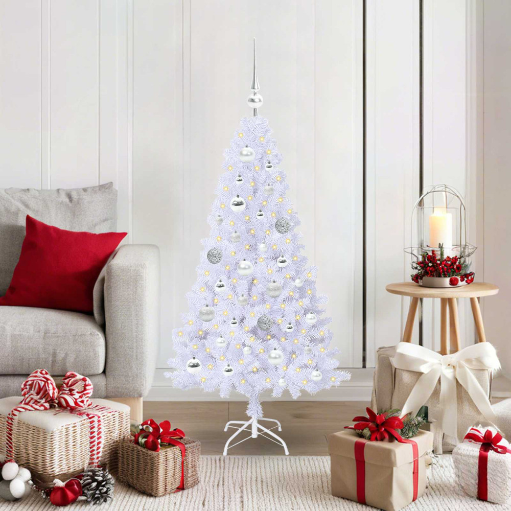 Produktbild för Konstgjord julgran med 150 LED-lampor Vit 120 cm PVC och stål