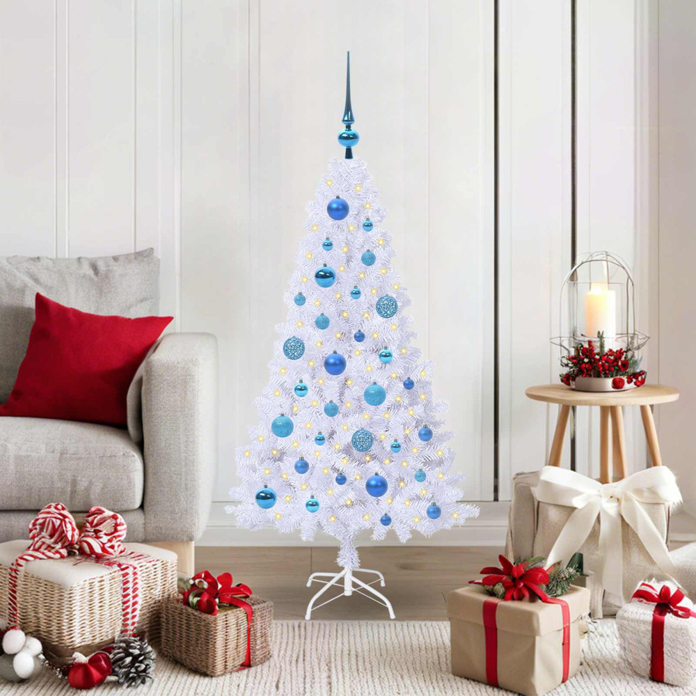 Produktbild för Konstgjord julgran med 150 LED-lampor Vit 120 cm PVC och stål