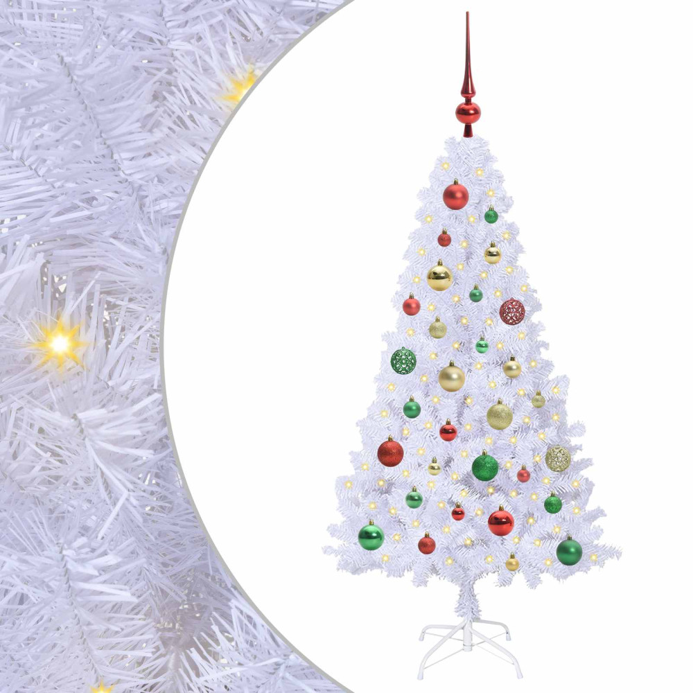 Produktbild för Konstgjord julgran med 150 LED-lampor Vit 120 cm PVC och stål