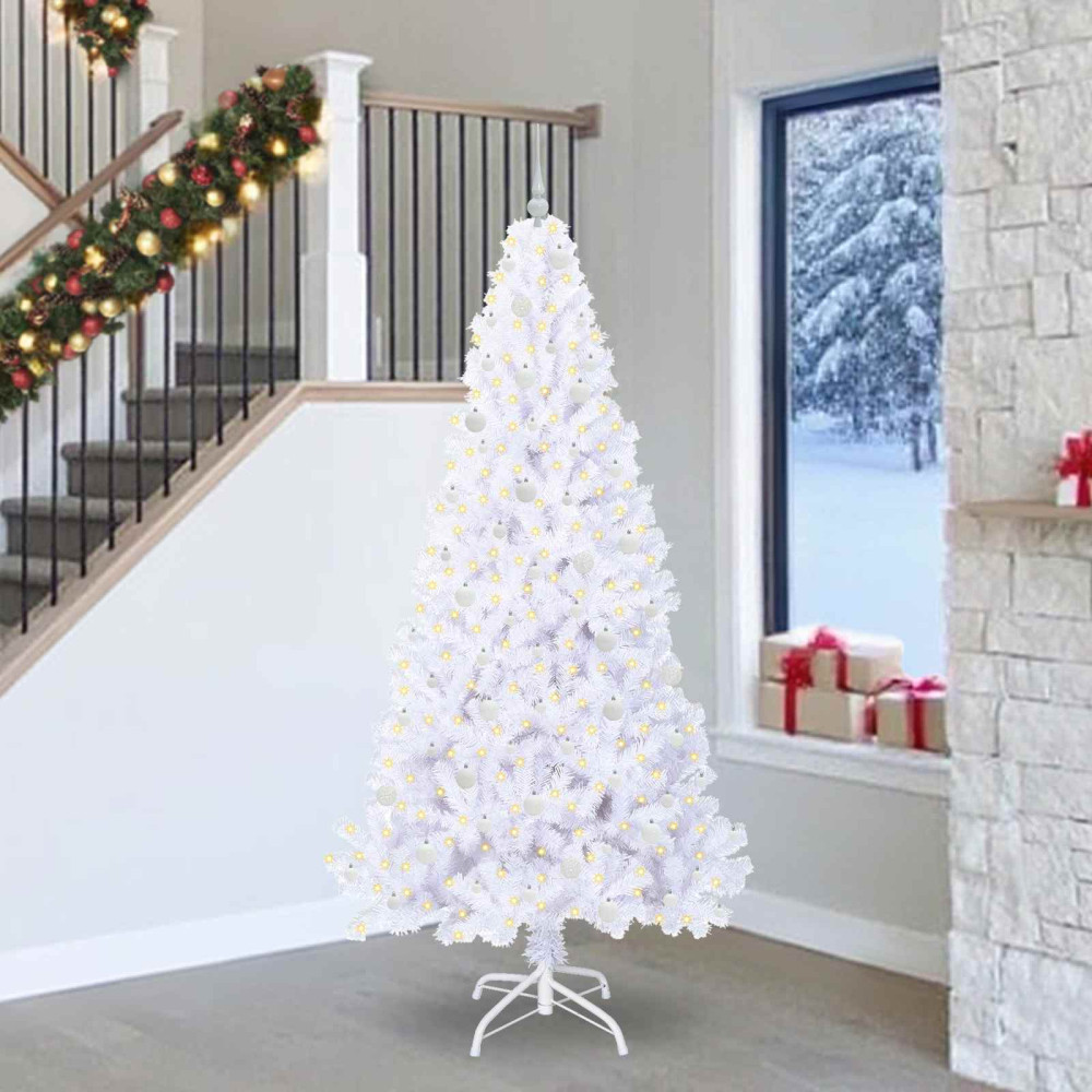 Produktbild för Konstgjord julgran med 300 LED-lampor Vit 240 cm PVC och stål