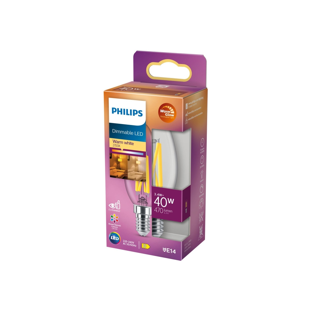 Produktbild för Philips - LED-glödlampa med filament - form: B35 - klar finish - E14 - 3.4 W - varmt vitt ljus - 2200-2700 K