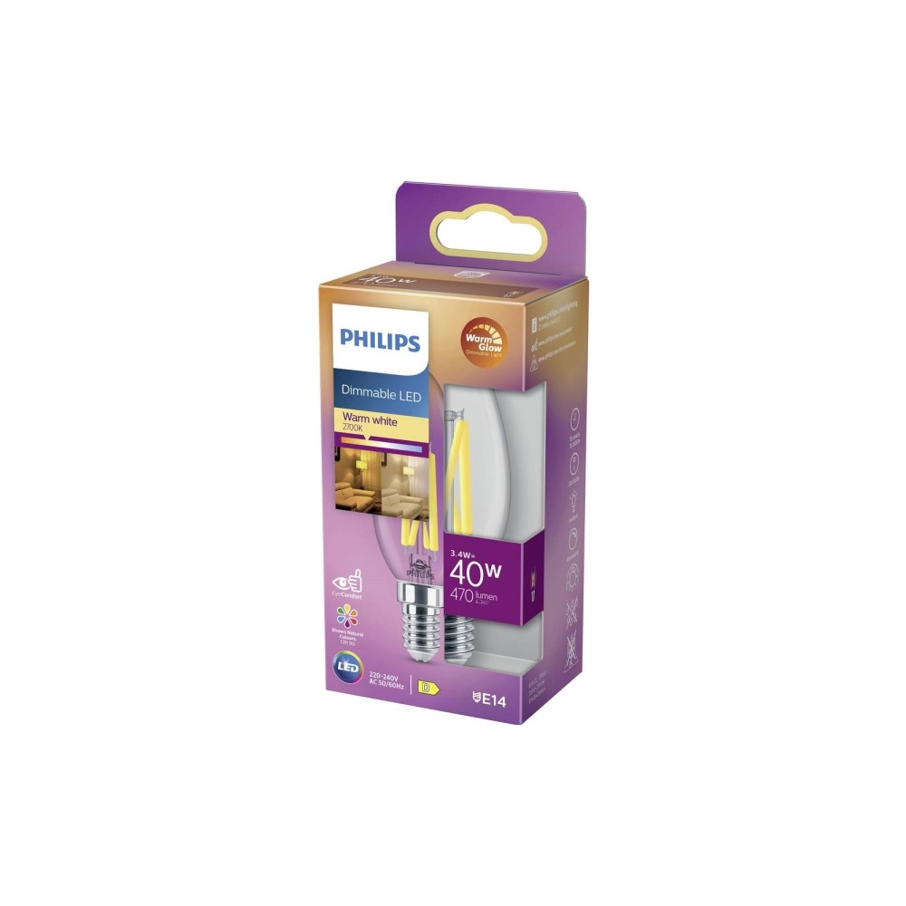 Produktbild för Philips - LED-glödlampa med filament - form: B35 - klar finish - E14 - 3.4 W - varmt vitt ljus - 2200-2700 K