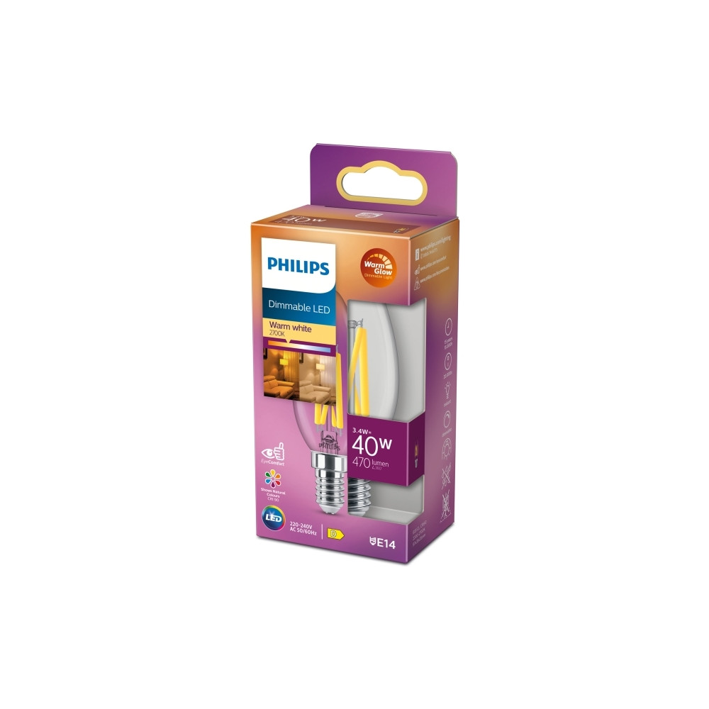 Produktbild för Philips - LED-glödlampa med filament - form: B35 - klar finish - E14 - 3.4 W - varmt vitt ljus - 2200-2700 K