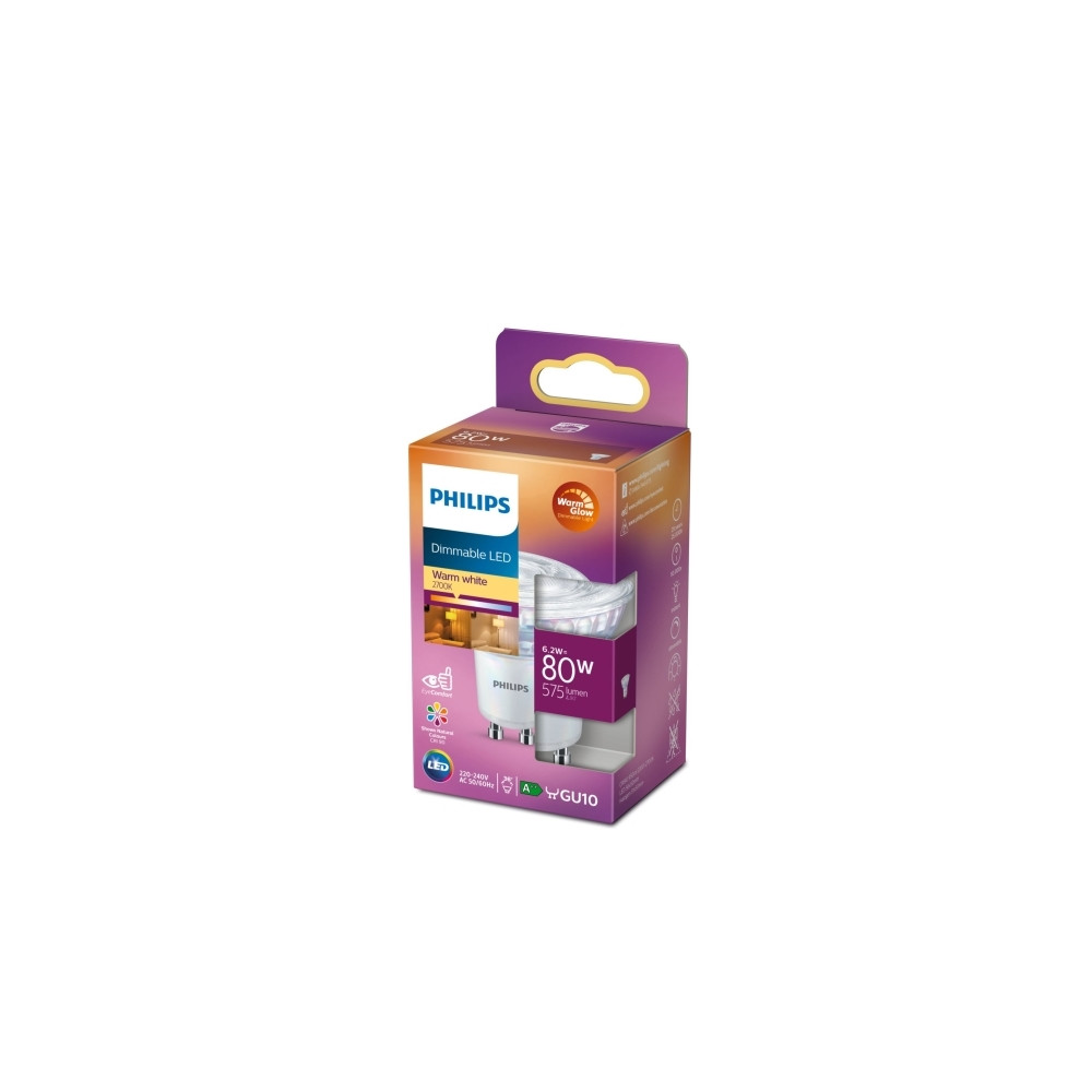 Produktbild för Philips - LED-spotlight - GU10 - 6.2 W - varmt vitt ljus - 2200-2700 K