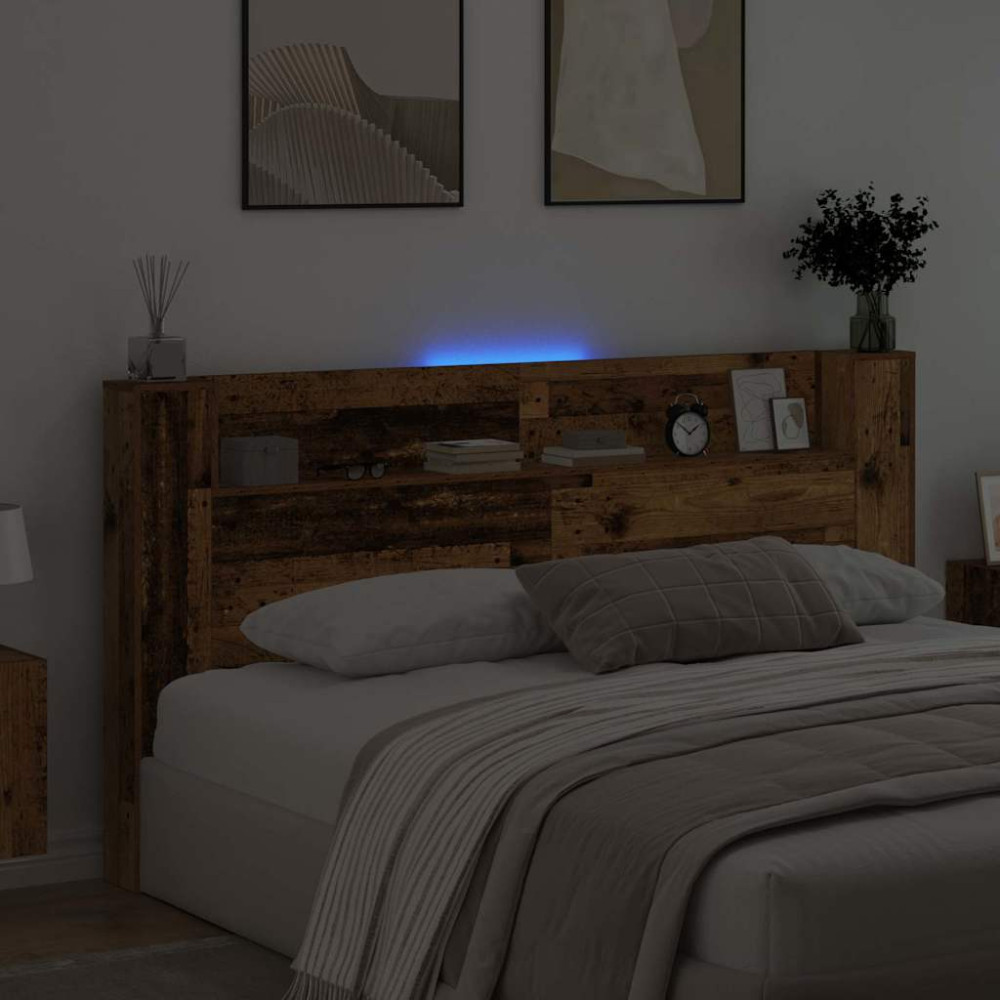 Produktbild för Sänggavel med förvaring och LED Gammalt trä Konstruerat trä