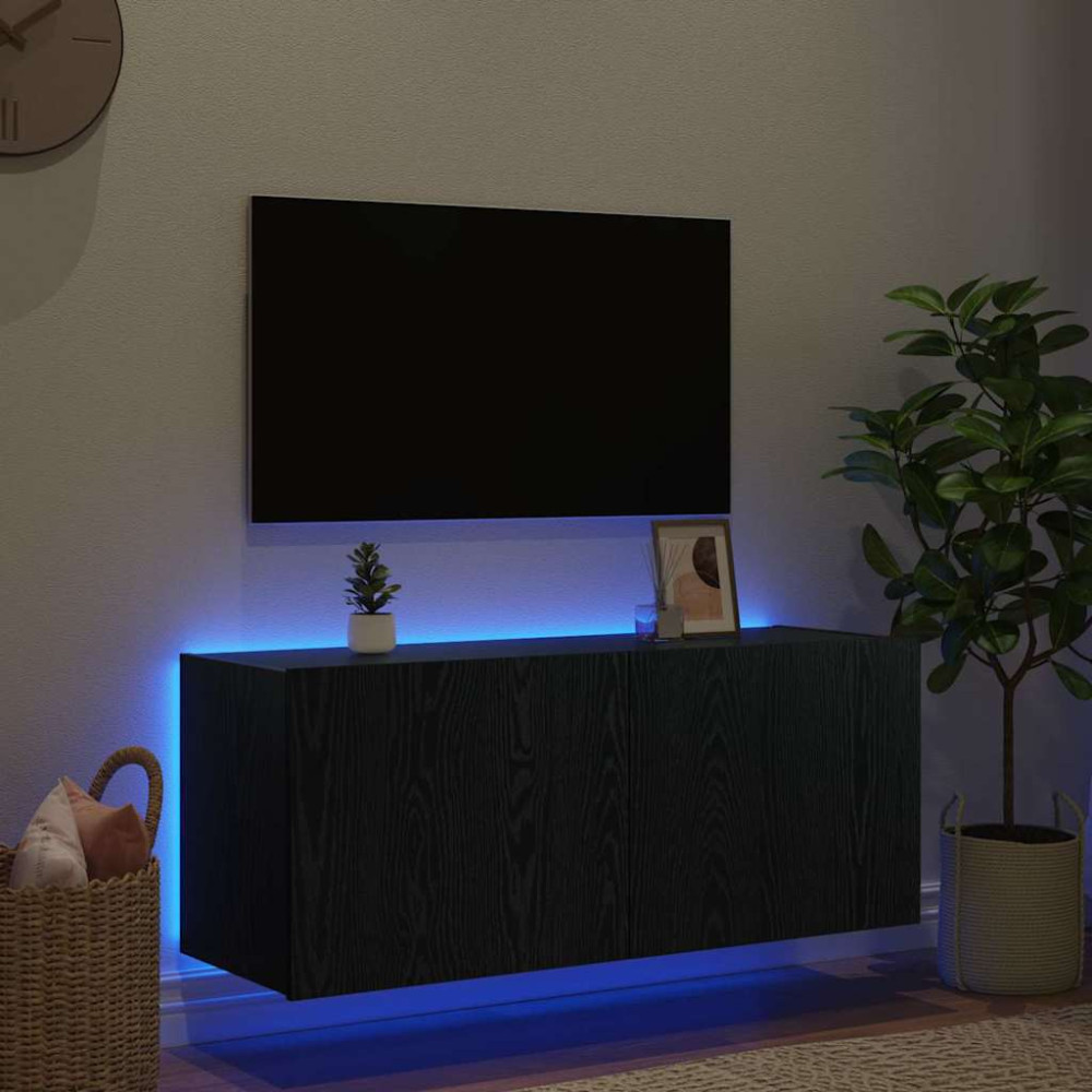 Produktbild för TV Vägghylla med LED Svart Ek 100 x 35 x 41 cm Konstruerat trä