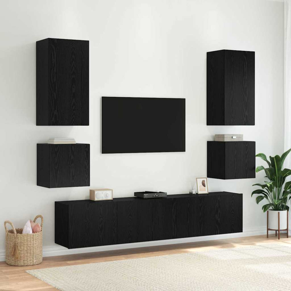 Produktbild för TV Vägghylla med LED Svart Ek 100 x 35 x 41 cm Konstruerat trä