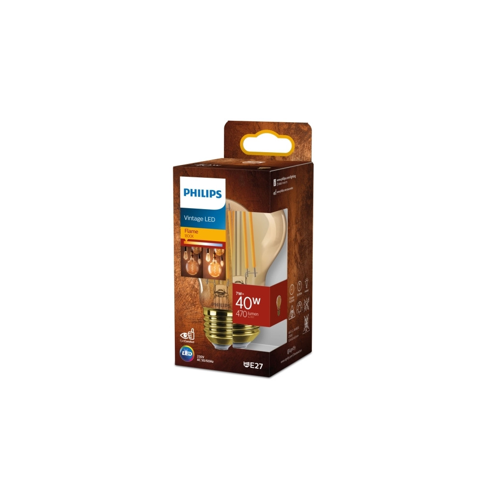 Produktbild för Philips Vintage - LED-glödlampa med filament - form: A60 - E27 - 7 W - flamljus - 1800 K - bärnsten