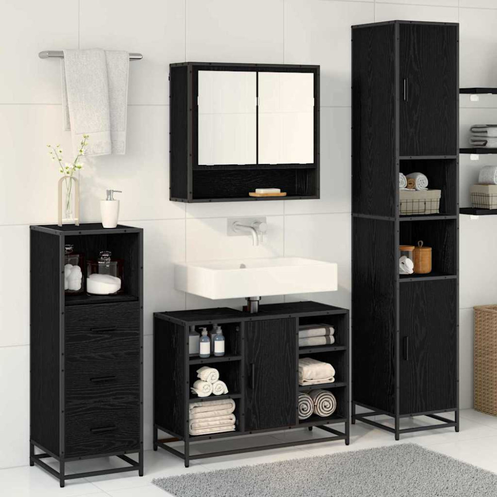 Produktbild för Badrumsmöbelset med hylla 3 pcs Svart Ek Konstruerat trä