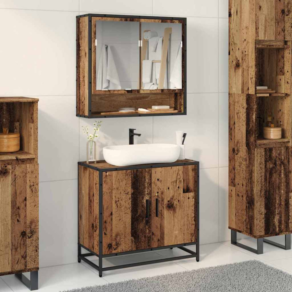 Produktbild för Badrumsmöbelset med hylla 2 pcs Gammalt trä Konstruerat trä