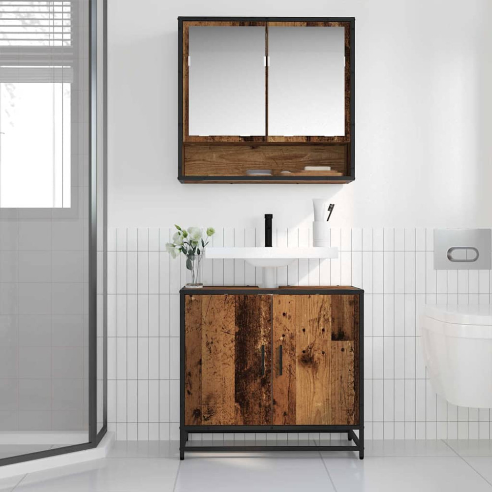 Produktbild för Badrumsmöbelset med hylla 2 pcs Gammalt trä Konstruerat trä