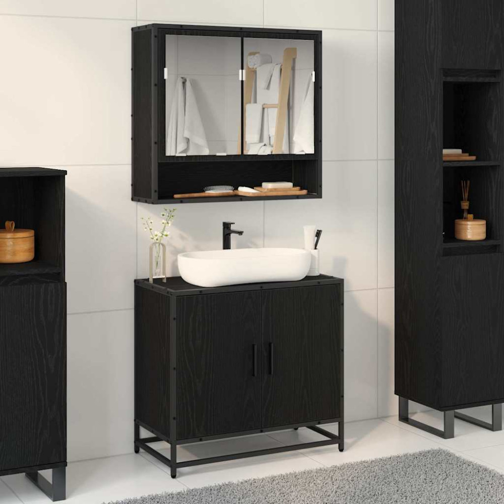 Produktbild för Badrumsmöbelset med hylla 2 pcs Svart Ek Konstruerat trä