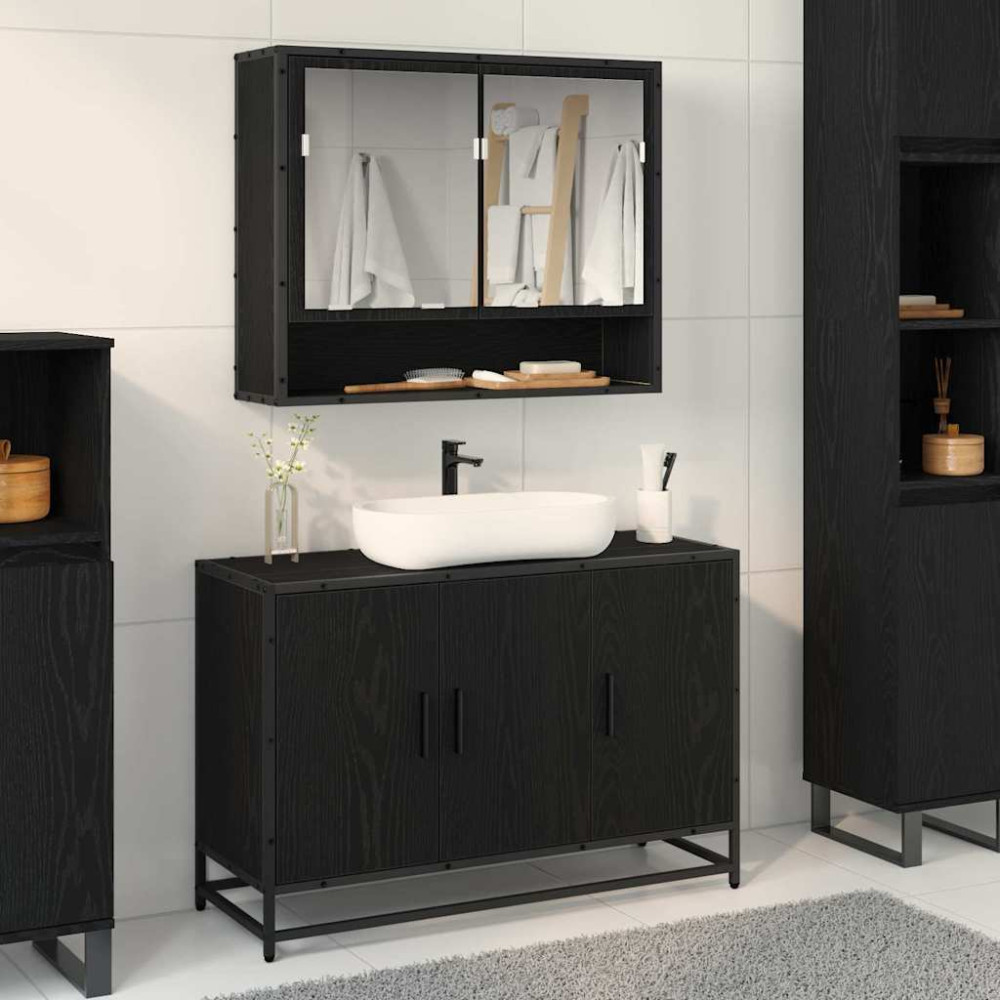 Produktbild för Badrumsmöbelset med hylla 2 pcs Svart Ek Konstruerat trä