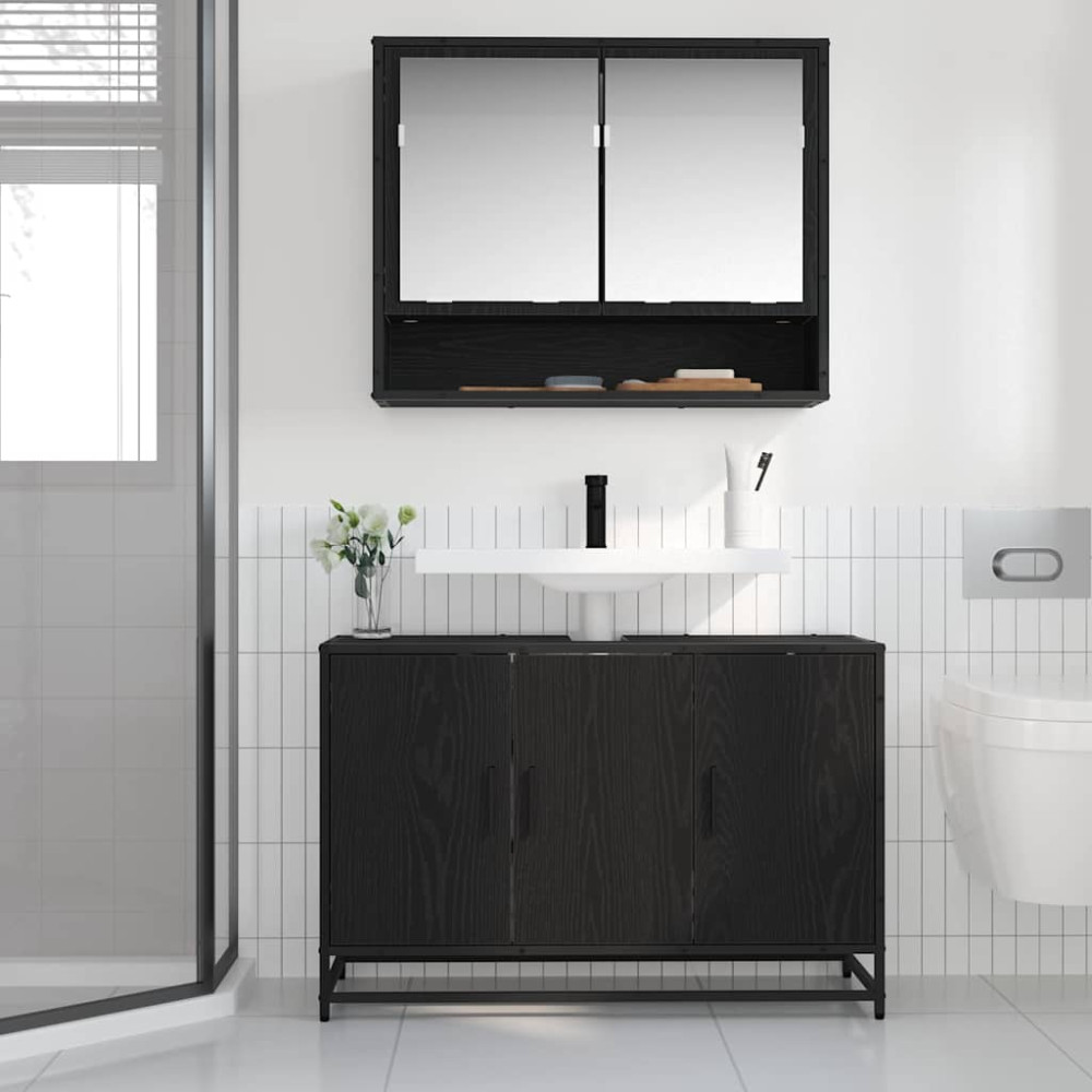 Produktbild för Badrumsmöbelset med hylla 2 pcs Svart Ek Konstruerat trä