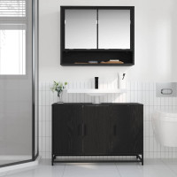 Produktbild för Badrumsmöbelset med hylla 2 pcs Svart Ek Konstruerat trä