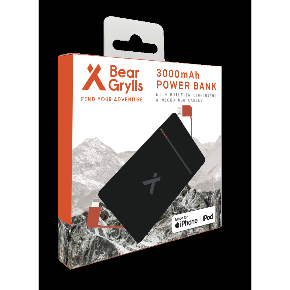 Produktbild för Bear Grylls 3000mAh Power Bank with Built-in Lightning & Micro USB Cable