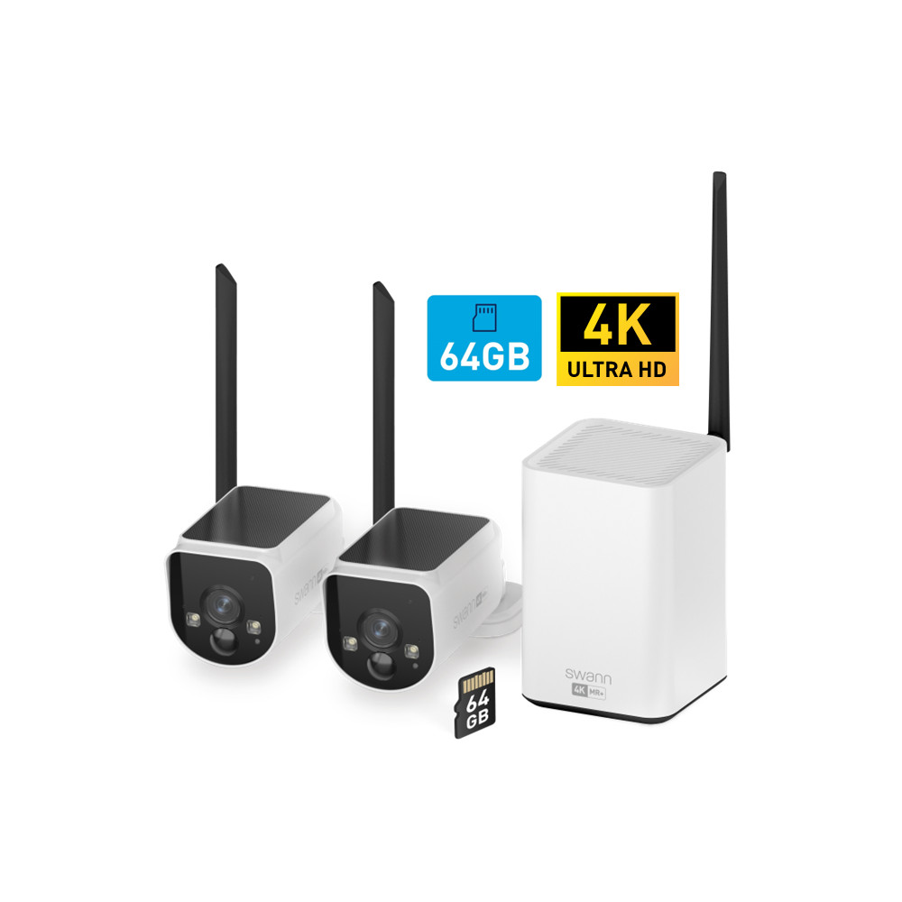 Produktbild för Swann MaxRanger4K™ 2-Pack Trådlös Kamera Övervakningssystem inkl 64GB SD Card Hub