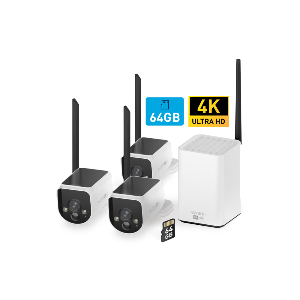 Produktbild för Swann MaxRanger4K™ 3-Pack Trådlös Kamera Övervakningssystem inkl 64GB SD Card Hub