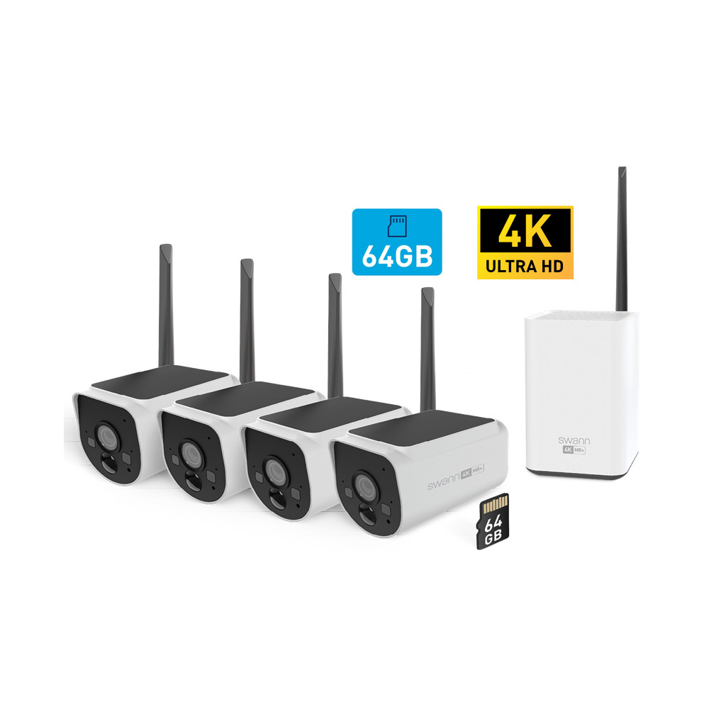 Produktbild för Swann MaxRanger4K™ 4-Pack Trådlös Kamera Övervakningssystem inkl 64GB SD Card Hub