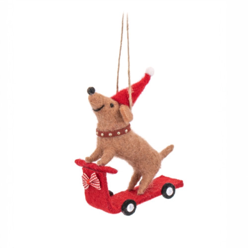 SASS & BELLE Santa Sausage Dog on a Scooter Felt Decoration