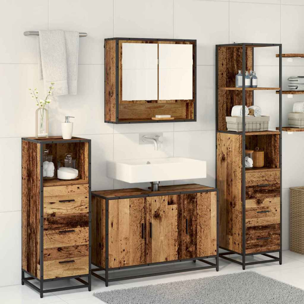 Produktbild för Badrumsmöbelset med låda 3 pcs Gammalt trä Konstruerat trä