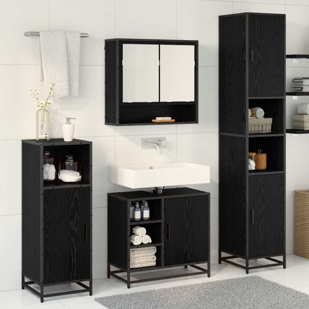 Produktbild för Badrumsmöbelset med hylla 3 pcs Svart Ek Konstruerat trä