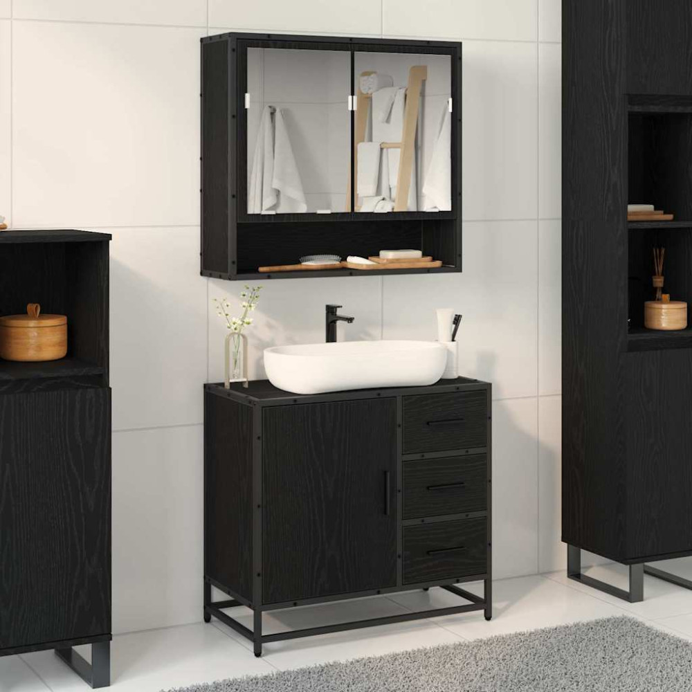 Produktbild för Badrumsmöbelset med låda 2 pcs Svart Ek Konstruerat trä