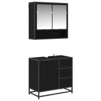 Produktbild för Badrumsmöbelset med låda 2 pcs Svart Ek Konstruerat trä