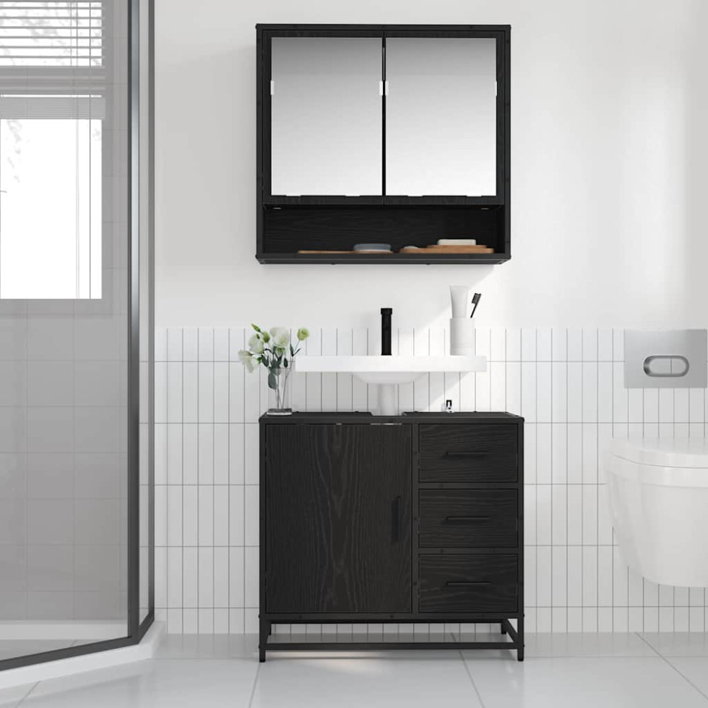 Produktbild för Badrumsmöbelset med låda 2 pcs Svart Ek Konstruerat trä