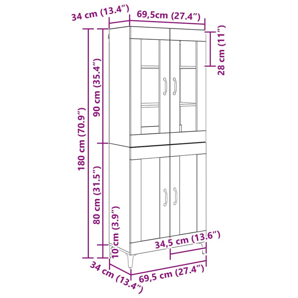Produktbild för Skåp Svart Ek 69,5 x 34 x 180 cm Konstruerat trä