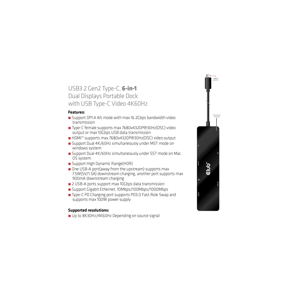 Produktbild för Club 3D - dockningsstation - USB-C - HDMI - 1GbE