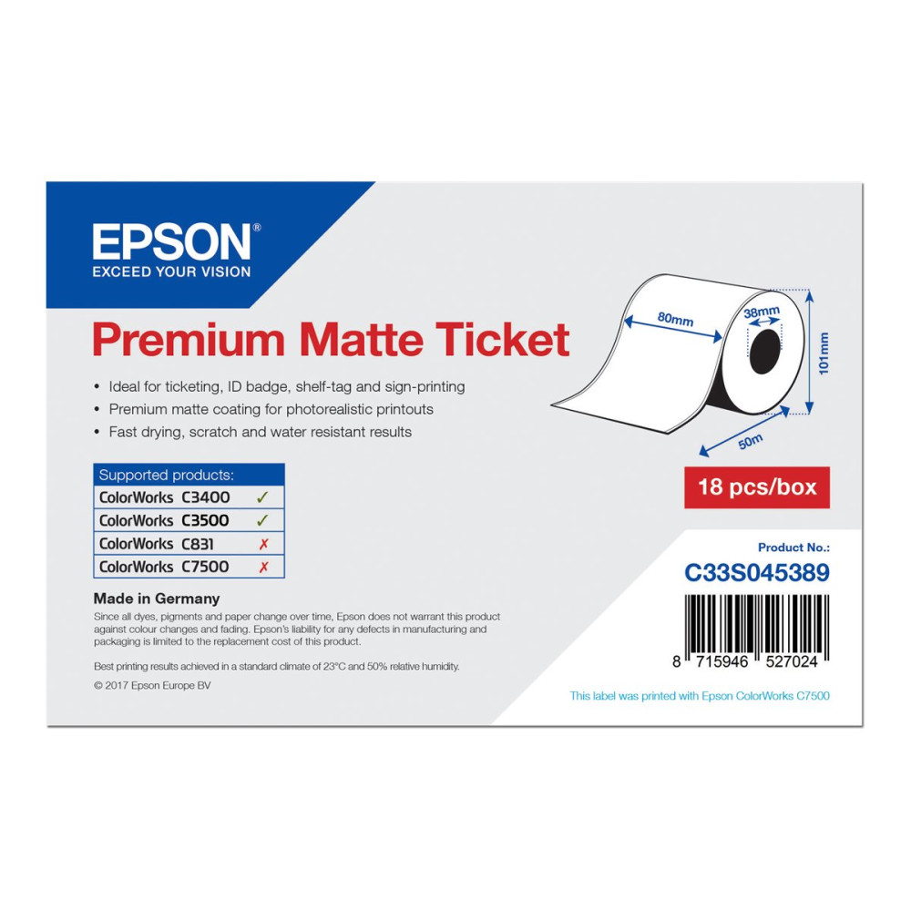 Produktbild för Epson Premium - biljetter - matt - 1 rulle (rullar) - Rulle(8 cm x 50 m)