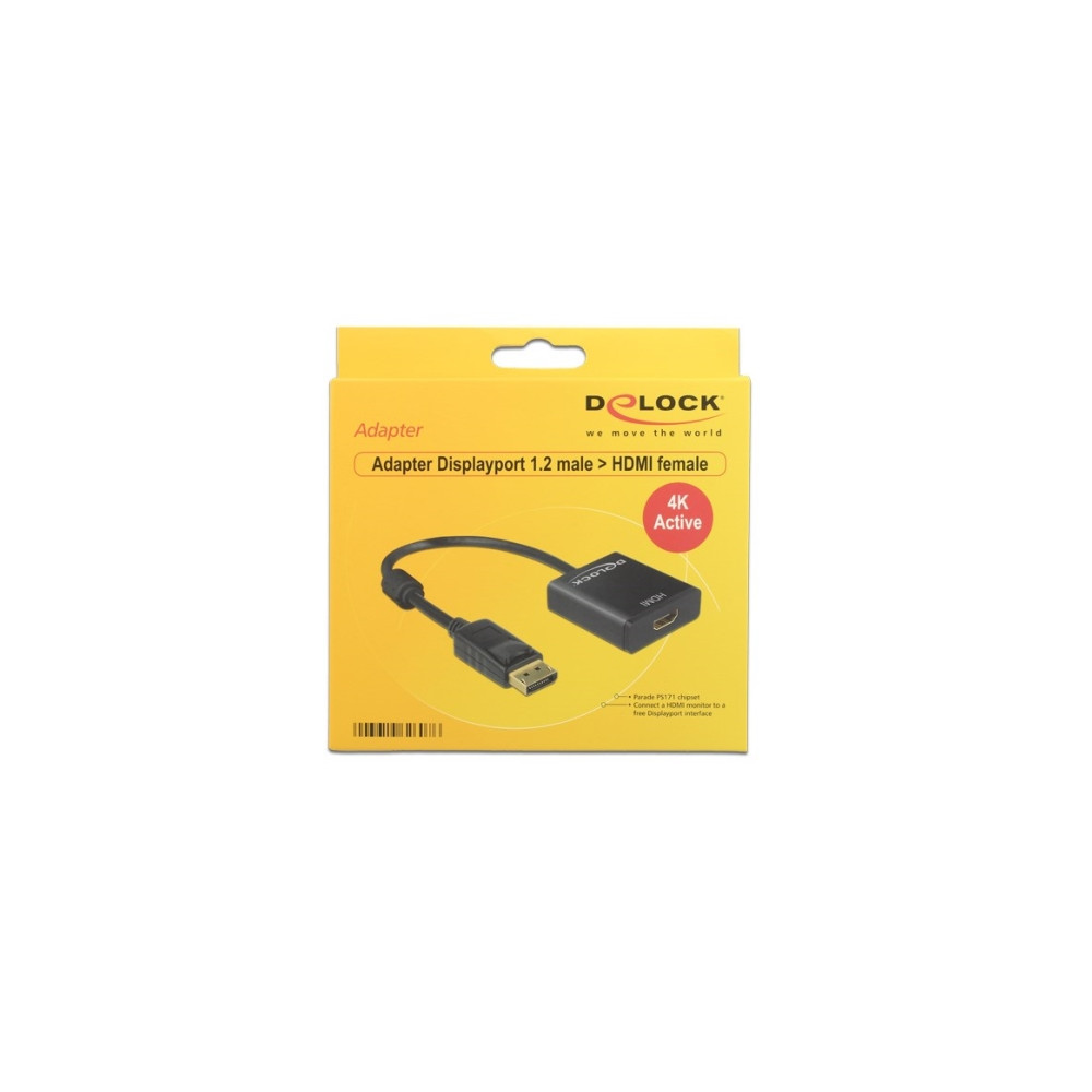 Produktbild för Delock Adapter Displayport 1.2 male > HDMI female 4K Active - videokonverterare - Parade PS171 - svart
