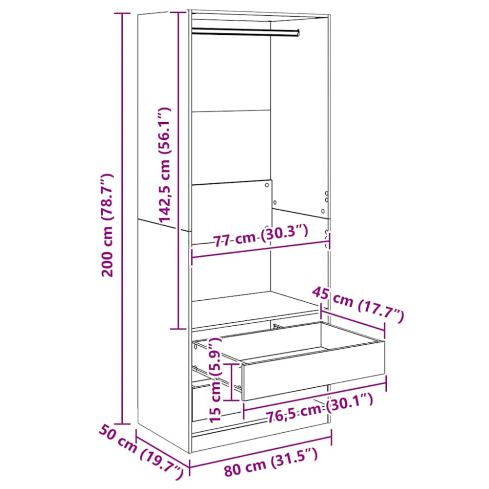 Produktbild för Garderob med låda Svart Ek 80 x 50 x 200 cm Konstruerat trä
